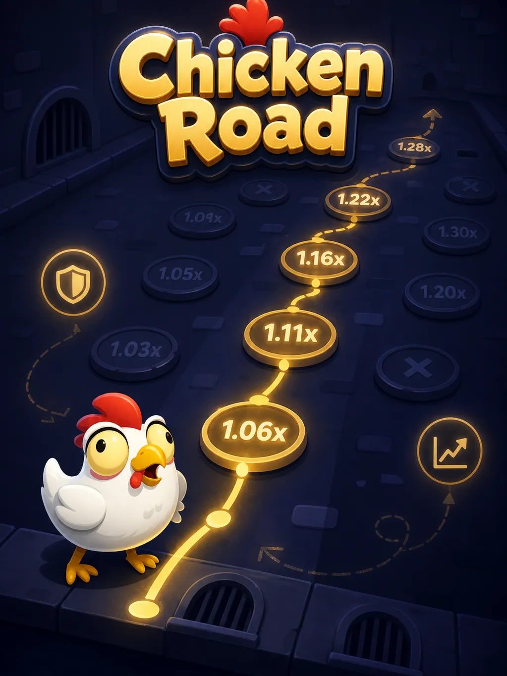 Chicken Road strateji diyagramı, x1,5 ile x2,5 arası cashout çarpanını gösteriyor